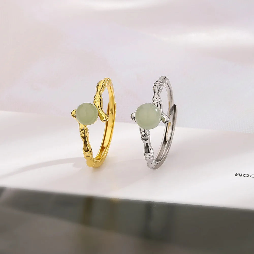 PANJBJ 925 Sterling Silver Hotan Jade Geometric Adjustable Ring | Retro Delicate Jewelry Gift for Women