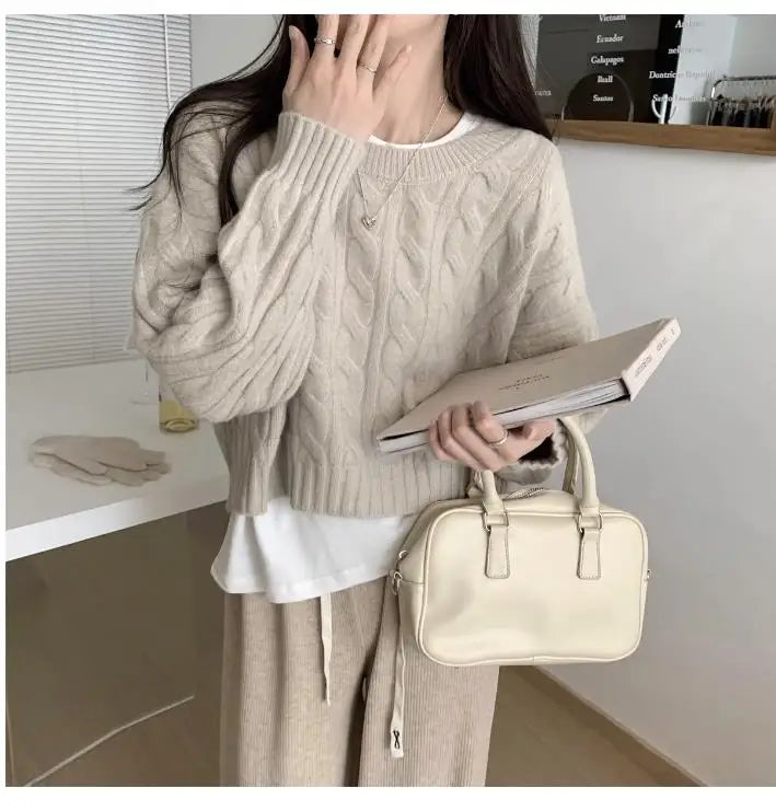 Soft ort Knitted Sweater Women's Top Lazy Sle Inner Wear Autumn Winter New Arrival Twist Cotton Long Sve round Ne Sw...