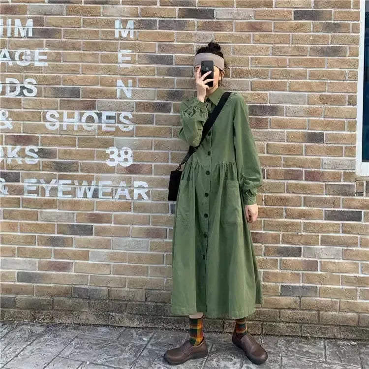 Retro Polo Collar Long Shirt Dress for Women – Loose Fit Casual Tea Break Gown | Elegant Everyday Fashion