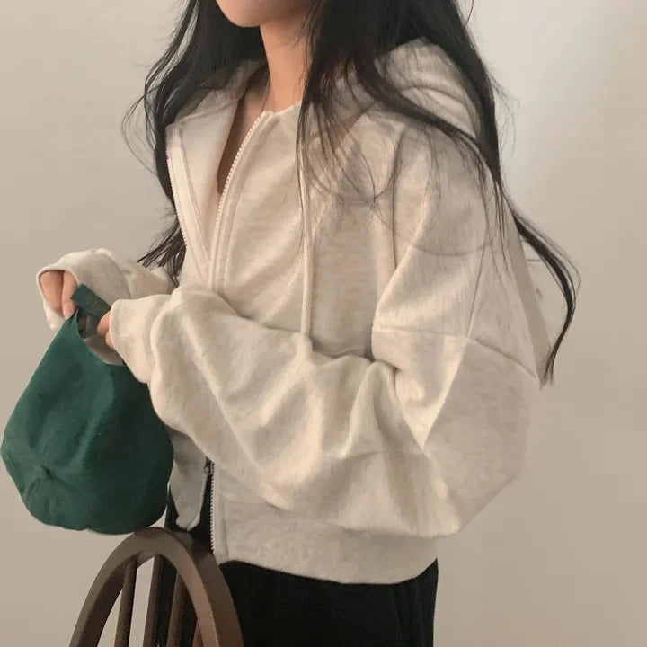 Chic Early Autumn Casual Long Sleeve Hoodie – Double Zipper Loose Versatile Cotton Pullover | Pure Color Commute Wear