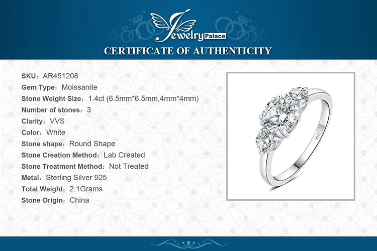 JewelryPalace 1.4ct D Color Moissanite 3 Stone Ring – 925 Sterling Silver Yellow & Rose Gold Plated Wedding Engagement Ring for Women