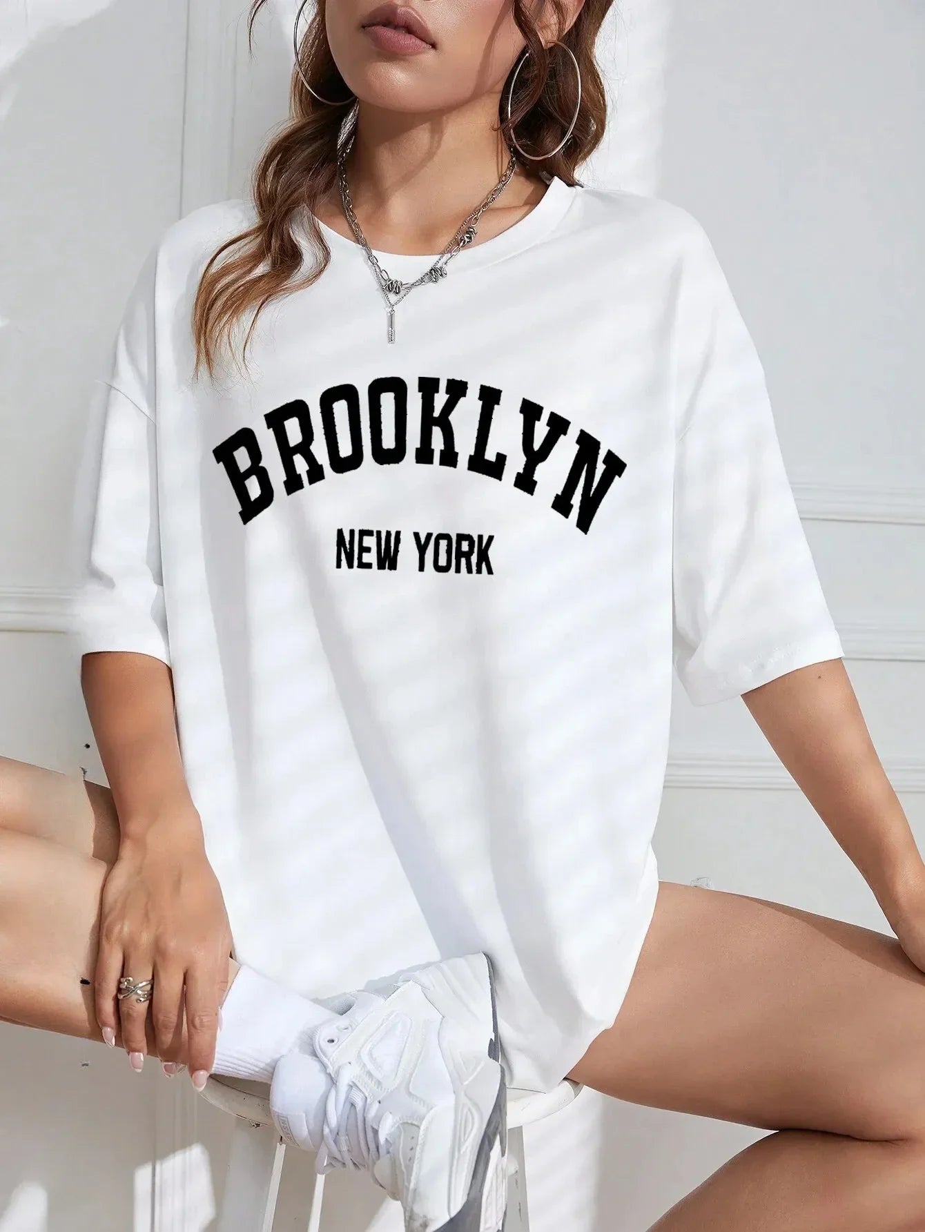 Women’s Round Neck Letter Print T-Shirt | Casual Streetwear Brooklyn New York Retro Summer Top