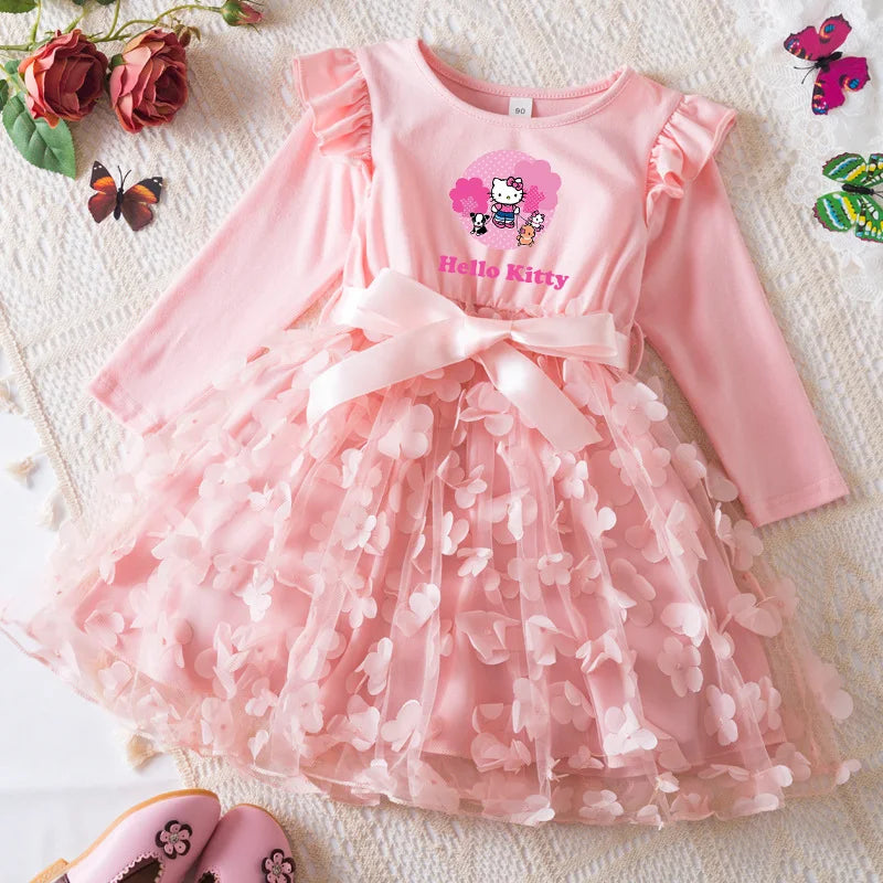 Hello Kitty Fall Girl Dress 3D Butterfly Casual Dresses Kids Birthday Princess Dress Long Sleeve Baby Girls Clothes 2-6Y