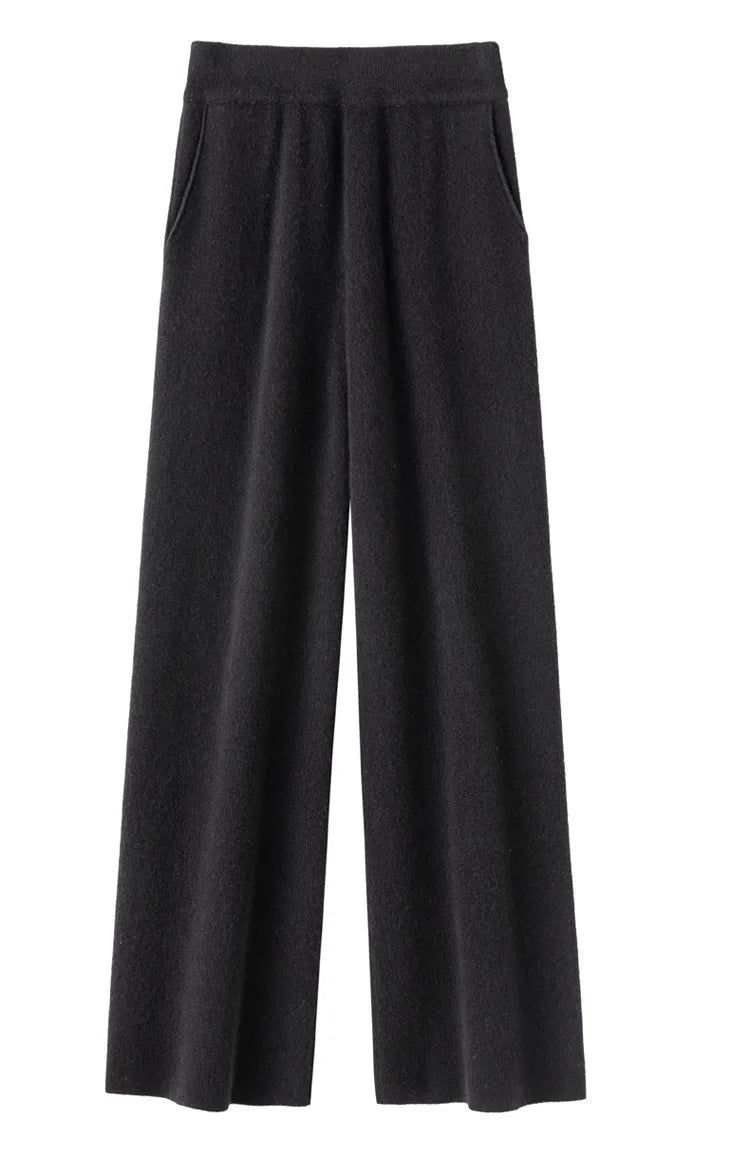 Elegant Women’s High Waist Wide-Leg Pants – Baggy Straight Knitted Trousers with Pockets