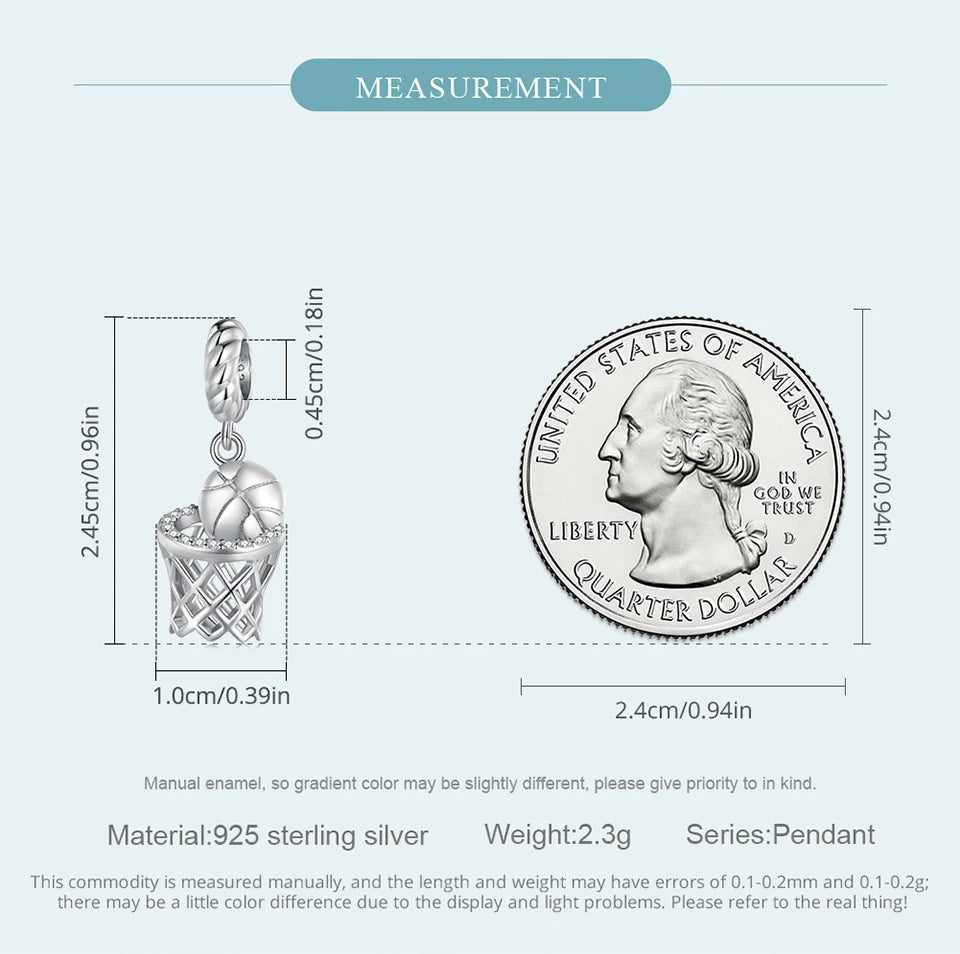 BISAER 925 Sterling Silver Ball Series Charms – Football, Volleyball, Tennis & Basketball Beads Fit Pandora Bracelet DIY Jewelry