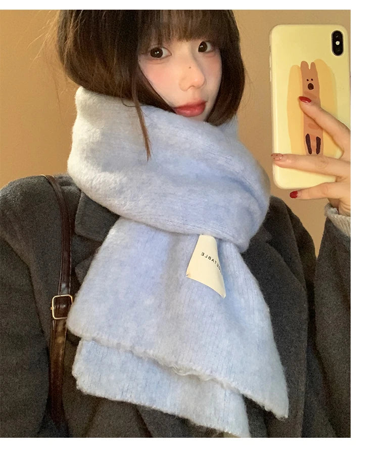 Warm Wool Blend Blue Knitted Scarf – Women’s Korean Style Winter Neck Warmer | Long Rectangle Color Scarf