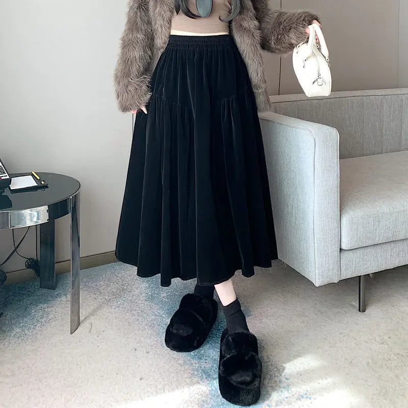 Plus Size Black Velvet Midi Skirt – High Waist A-Line Autumn Winter Mid-Length Skirt for Women