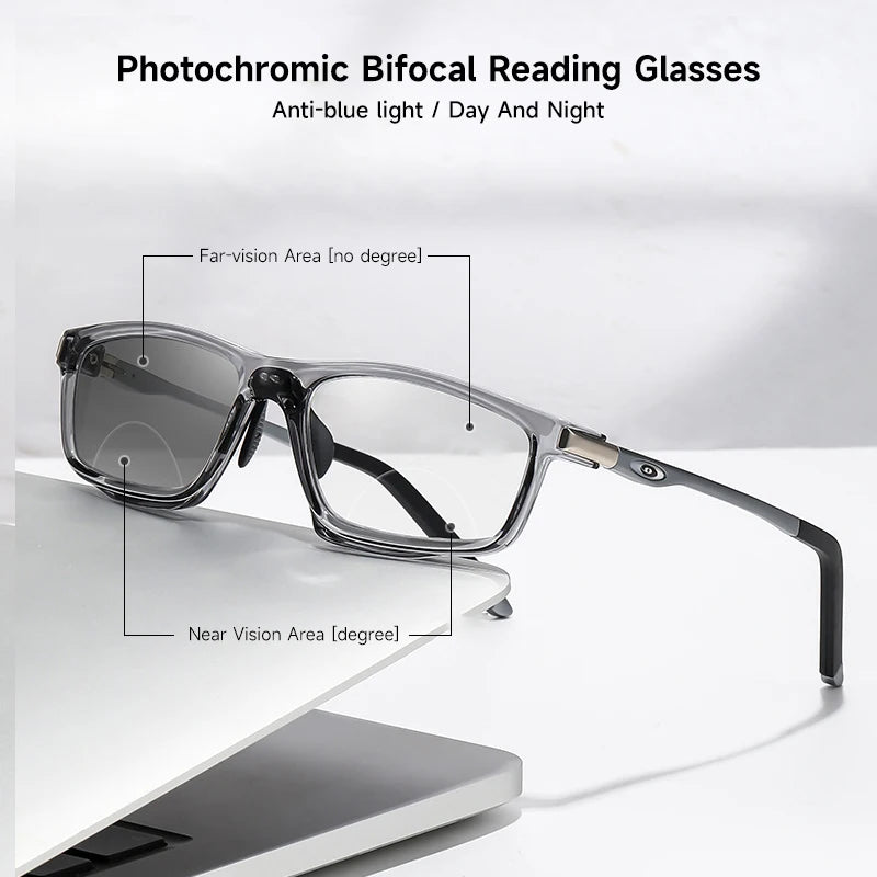 Anti-Blue Light Photochromic Bifocal Reading Glasses – Multifunctional Aluminum Magnesium Sports Eyewear for Men & Women