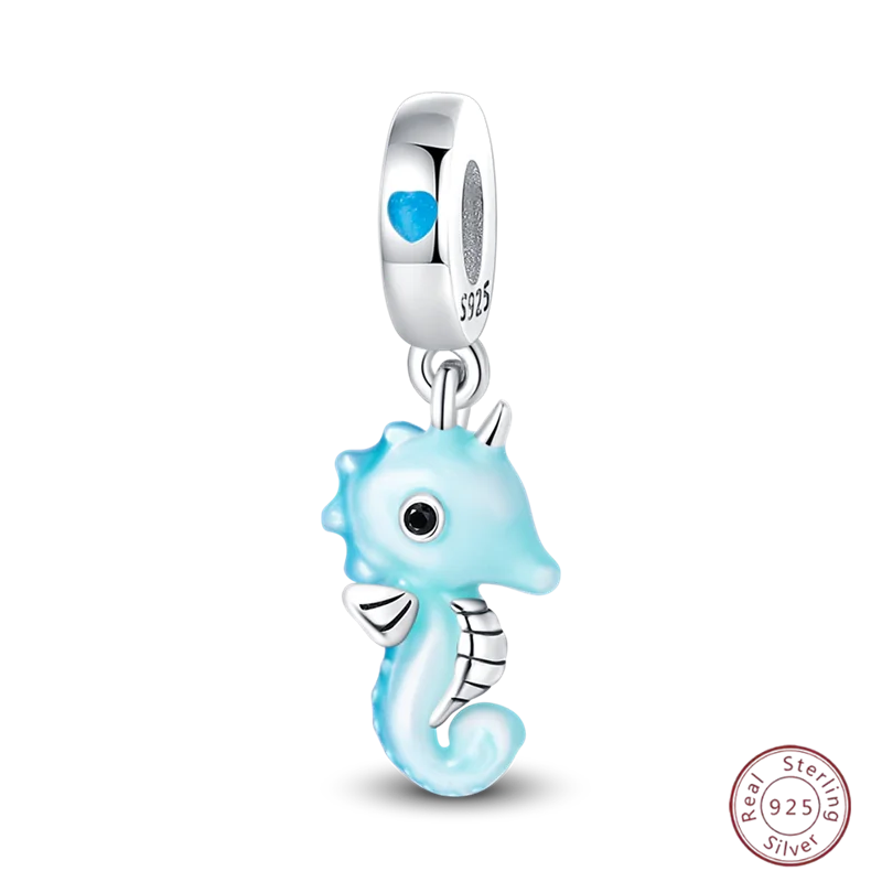 925 Sterling Silver Blue Zircon Ocean Shell Beaded Pendant | Fit Original 3mm Bracelet Women’s Fine Jewelry