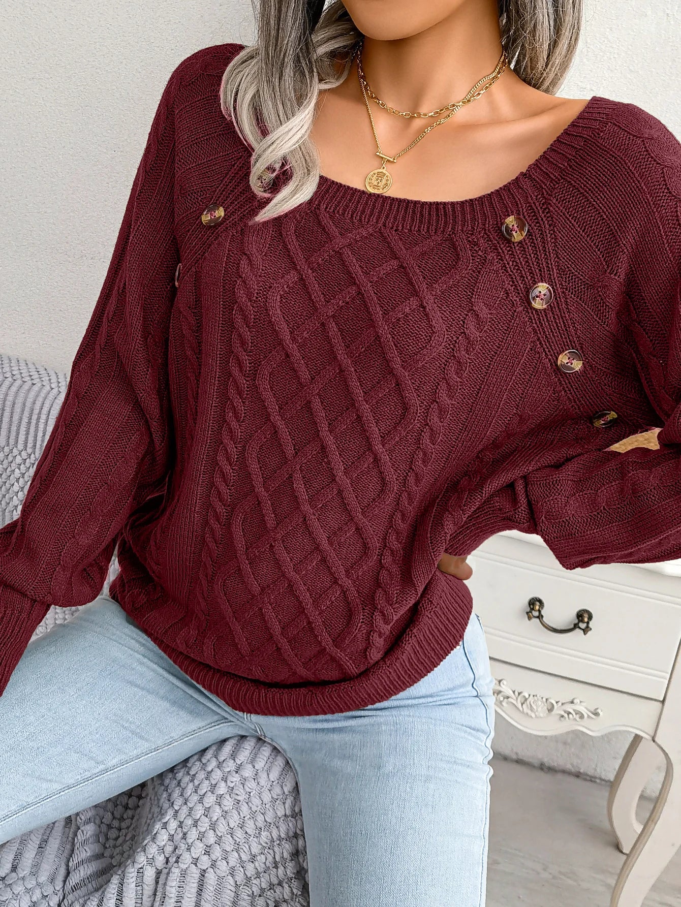 Women’s Casual Square Collar Knitted Pullover Sweater – Long Sleeve Autumn Winter 2025 Top