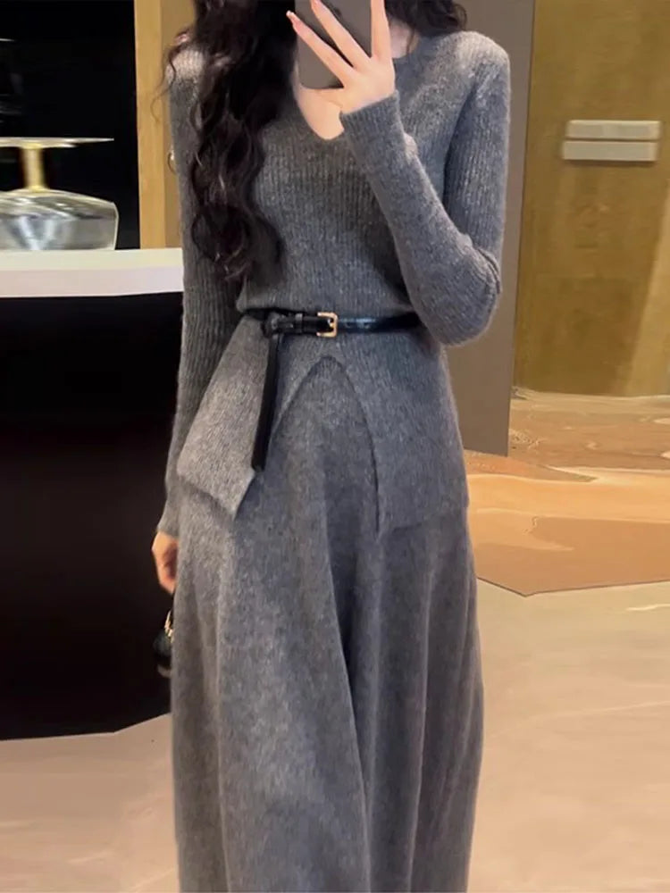 Hebe Style Knitted Two-Piece Set for Women – Slim Fit High Waist Sweater & Split Skirt | Elegant Autumn Winter Korean Outfit