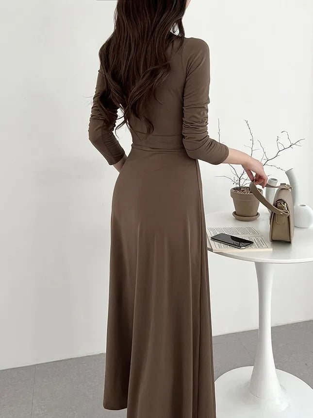 ✨ Slimming V-Neck Cross Wrap Long Dress 👗 Women's Base Layer Dress 🌸 Belted Waist Split Long Sleeve Colorful Commute Wear