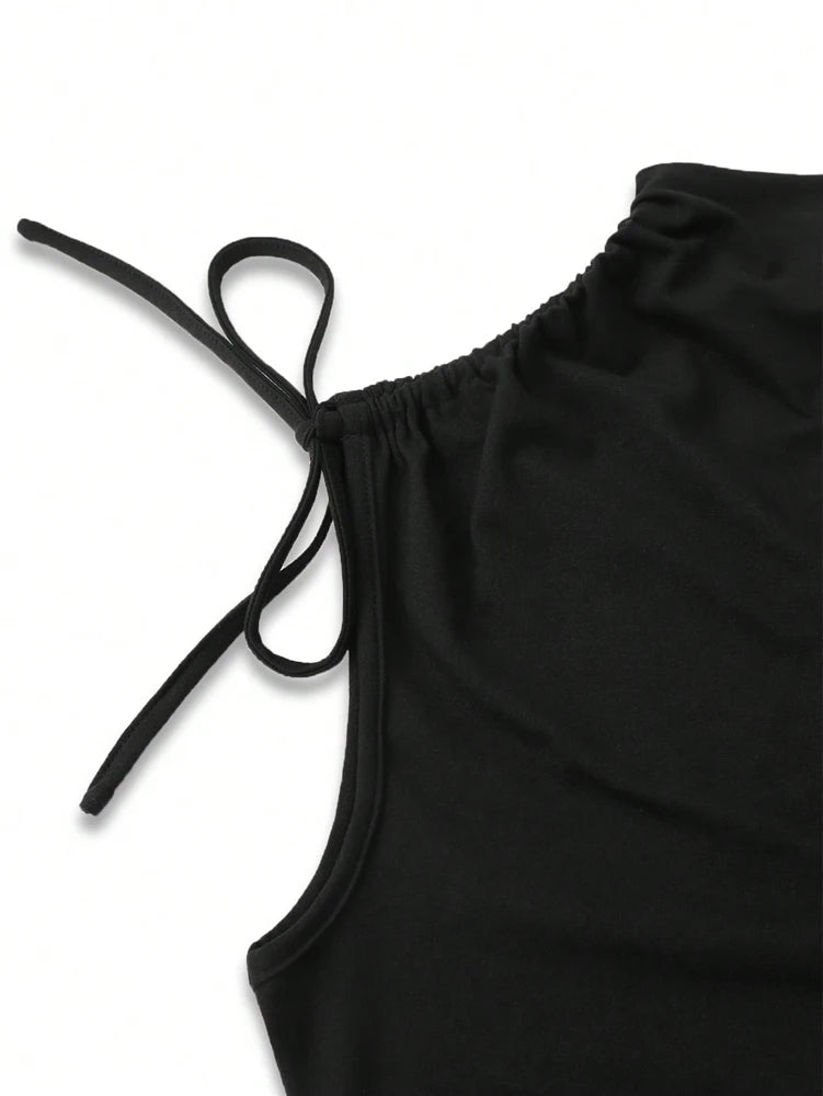 2025 New Arrival Women’s Black Drawstring Tank Top & Flared Trousers Set – Casual Tight-Fitting Everyday Outfit 🖤✨