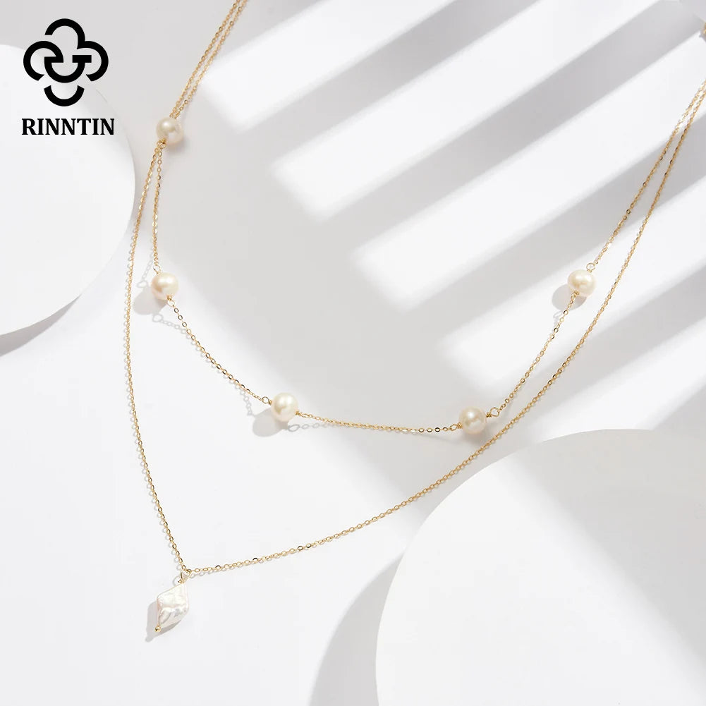 Rinntin 925 Sterling Silver Layered Natural Pearl Necklace | Geometric Pendant Luxury Jewelry