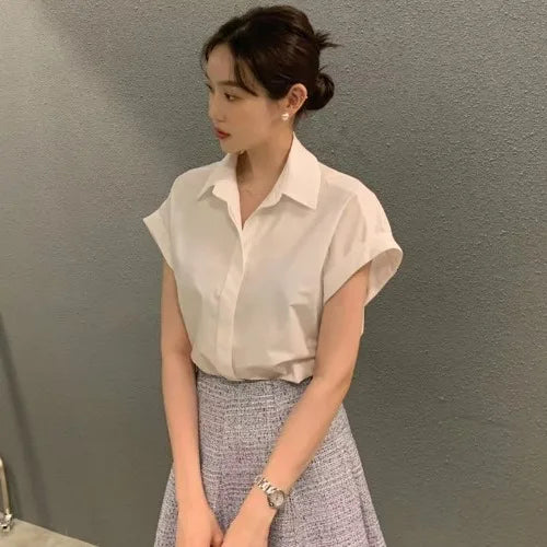 Chic Summer Loose Women’s Shirt | Classic Pure Color Professional Blouse with Small Lapel Collar