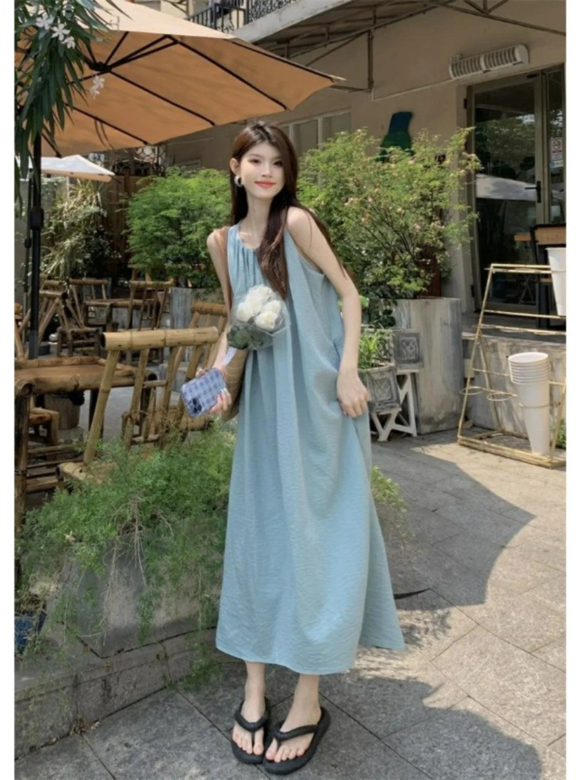 Summer Women’s Beach Vacation Dress – Sleeveless A-Line Midi Gown with Folded Skirt & Slimming Fit