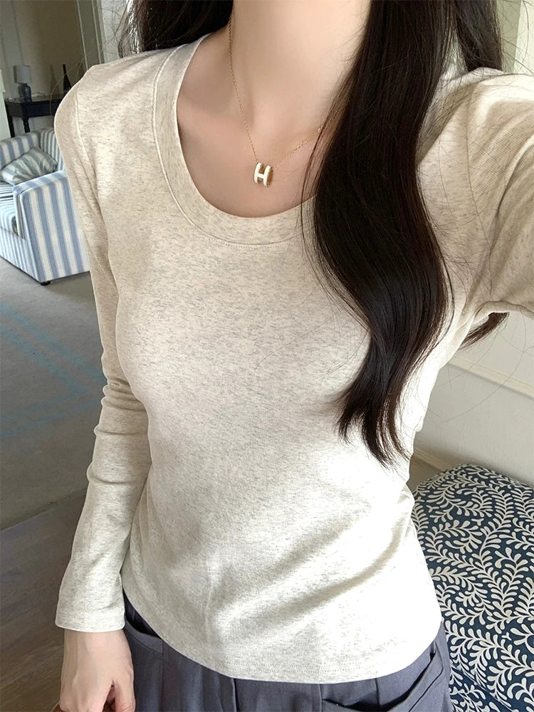 Women’s U-Neck Long Sleeve T-Shirt | Autumn Winter Cotton Slim Casual Top | Basic Solid Korean Style