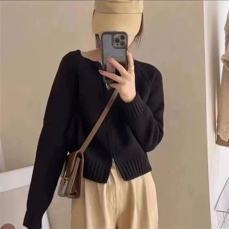 Women's Short Knitted Cardigan 2025 | Autumn Winter Solid Color Zipper Sweater Jacket