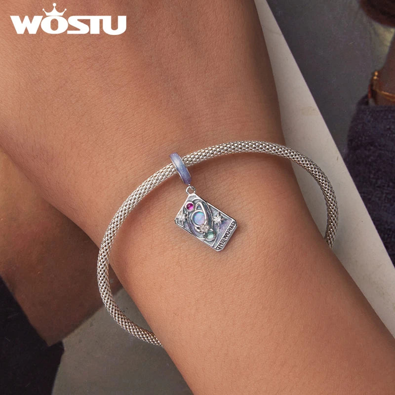 WOSTU 925 Sterling Silver Tarot Card Charm | The World Rainbow Bead Pendant for Women – DIY Bracelet & Jewelry Making