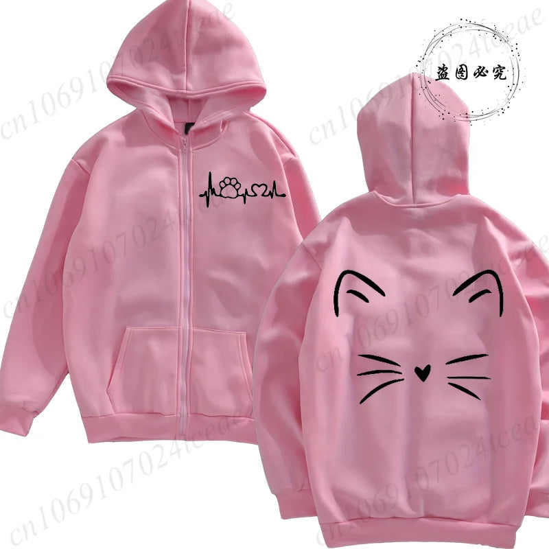 Women’s Cat Heartbeat Zipper Hoodie | Cute Zip-Up Sweatshirt | Autumn Winter Streetwear Jacket