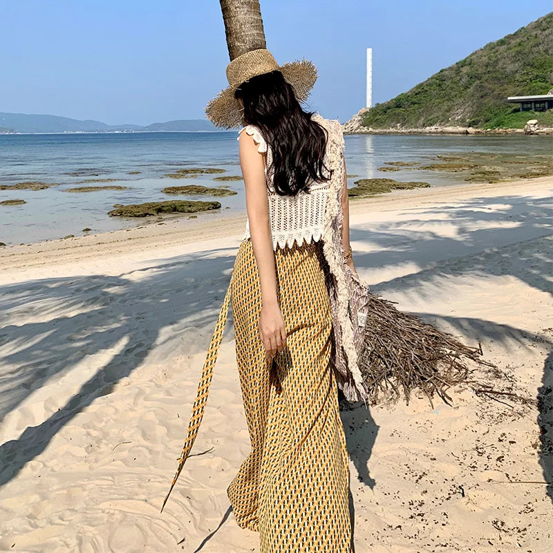 Vacation Style High Waist Wide Leg Pants – Thin Long Ethnic Print Pants for Beach & Holiday Wear