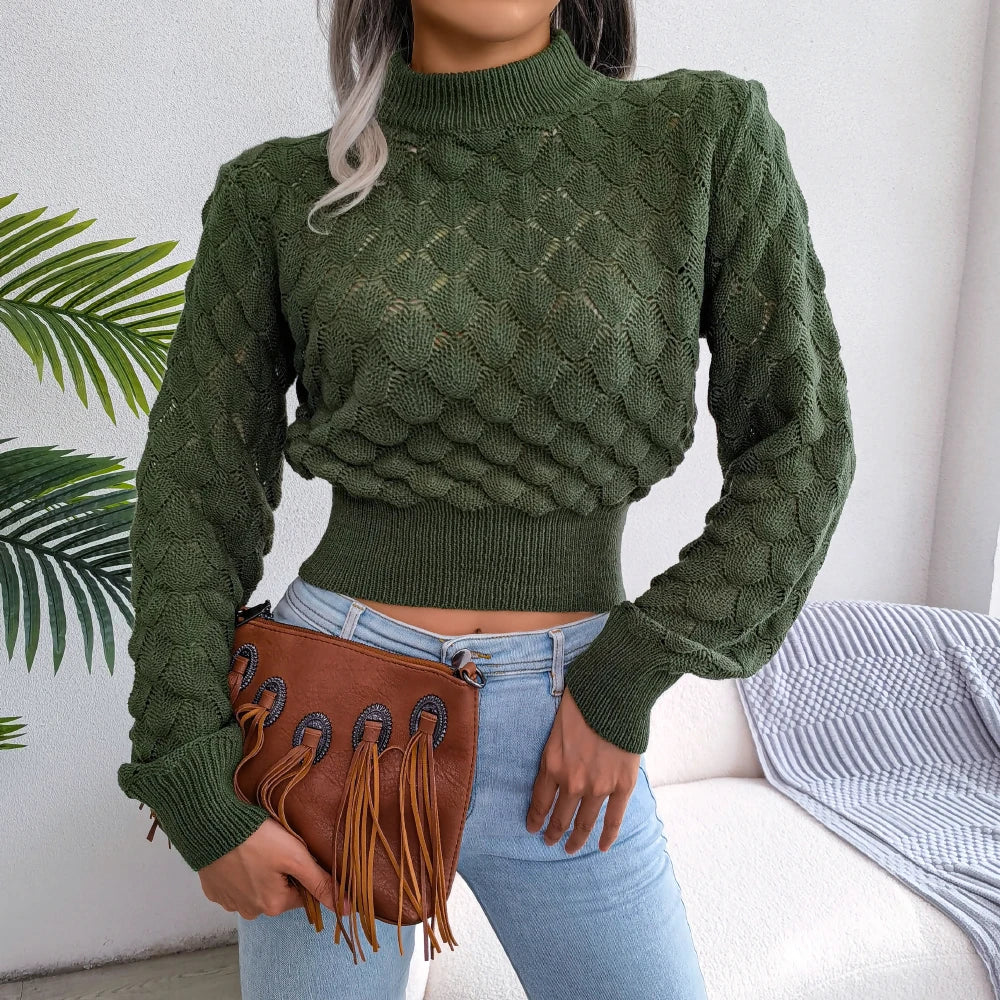 2025 Autumn Winter Women Hollow Out Knitted Crop Sweater – Casual Long Sleeve Pullover Top
