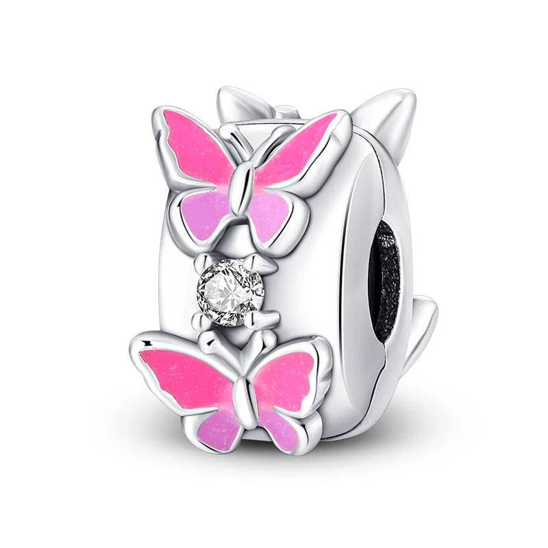 925 Sterling Silver Pave Clip Charms with Safety Chain | Colored Beads Stopper Clasp Fit Original Pandora Bracelet Jewelry