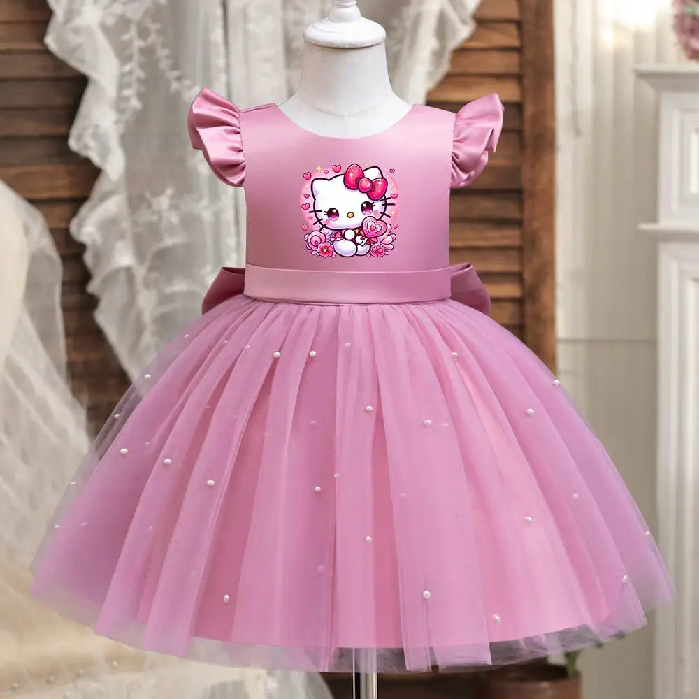 Hello Kitty Girls Pearls Dress – Elegant Princess Wedding Gown, Tulle Birthday Party Dress for Children 3-7Y