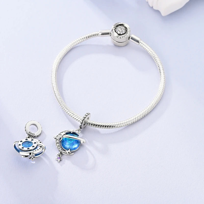 Blue 925 Sterling Silver Rotating Evil Eye Palm Moon Starry Sky Charms | Fit Original Bracelet Pendant Women Jewelry