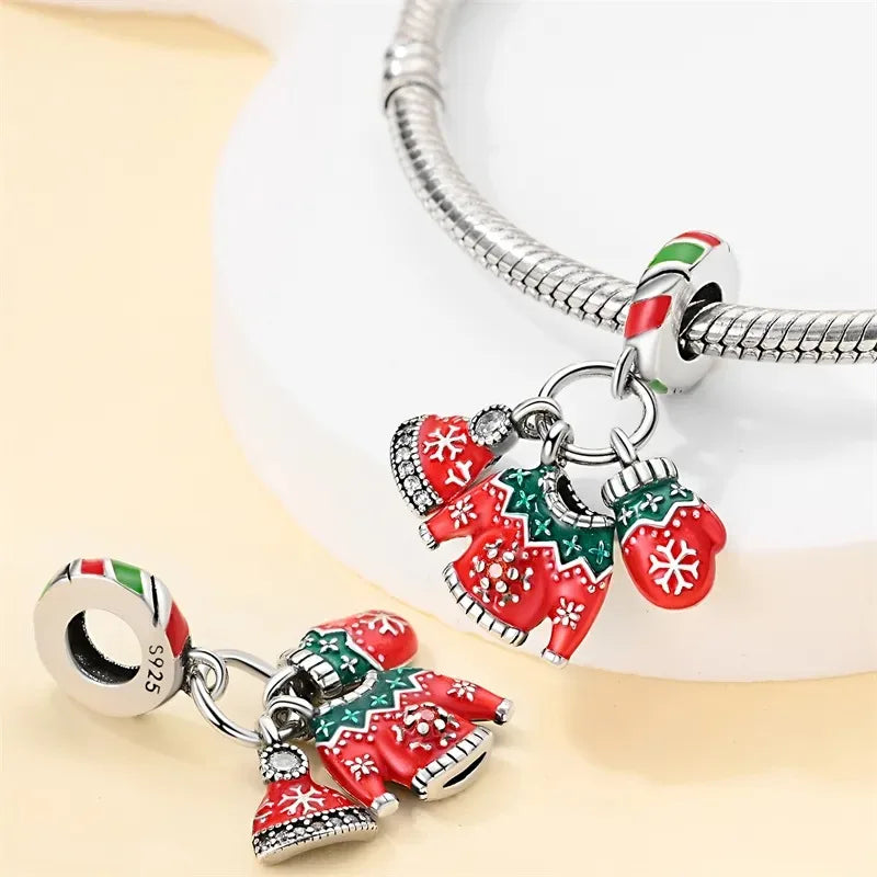 925 Silver Disney Christmas Charm Trio | Mickey Wreath Minnie Ice Skating Bead Pendant Fits Pandora Bracelet
