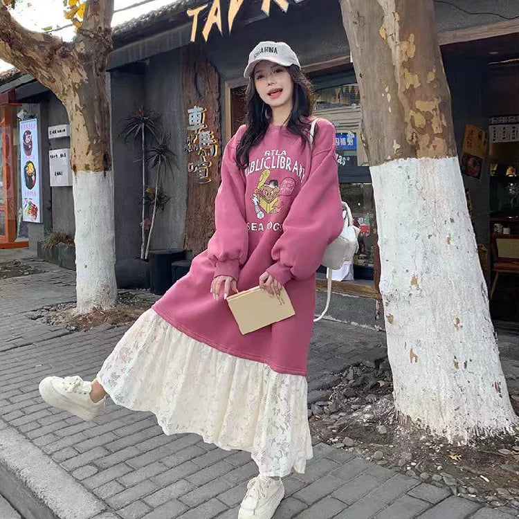Sweet School Style Pink Lace Sweatshirt Dress – High Waist A-Line Cute Casual Women’s Fashion