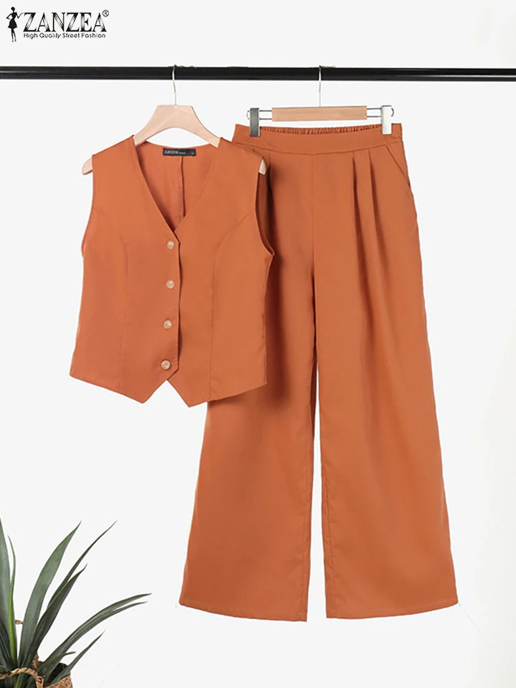 ZANZEA 2025 Elegant Women’s Two-Piece Set – Solid Color Wide Leg Pants & Vest Top Plus Size 👩‍💼✨