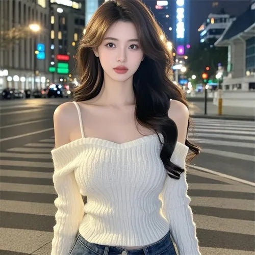 Sexy One-Shoulder Knitted Sweater for Women | Slim Fit Korean Style Long Sleeve Top | Spring 2025 Fashion Pullover