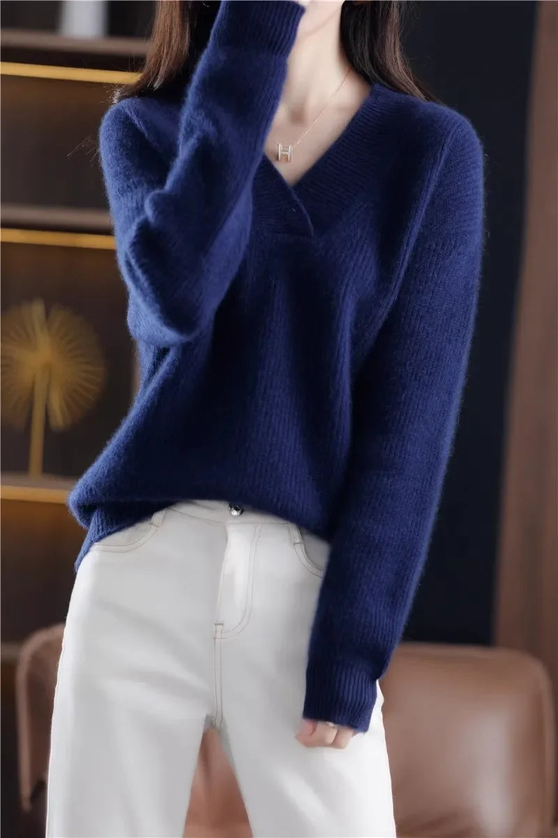 Autumn Winter Women’s V-Neck Knit Sweater – Solid Loose Pullover Soft Warm Casual Top