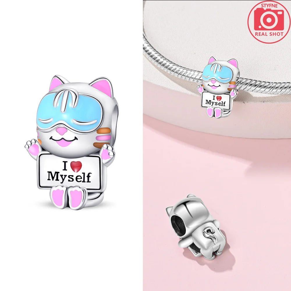 Original 925 Sterling Silver Pink Zircon Cat Dog Squirrel Red Heart Bead | Fit Bracelet Women DIY Jewelry Gift