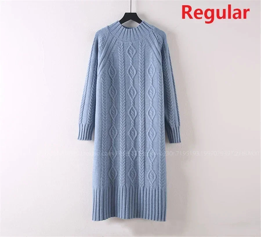 Winter Thicken Plus Velvet Sweater Dress for Women – Fall Mock Neck Rib Knit Midi Dress | Elegant Warm Vestido with Coats