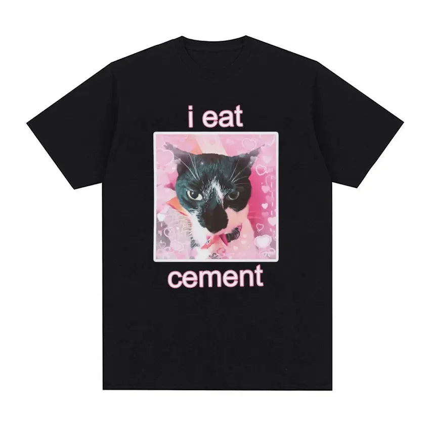 “I Eat Cement” Cursed Cat T-Shirt | Funny Meme Women’s Short Sleeve Casual Top