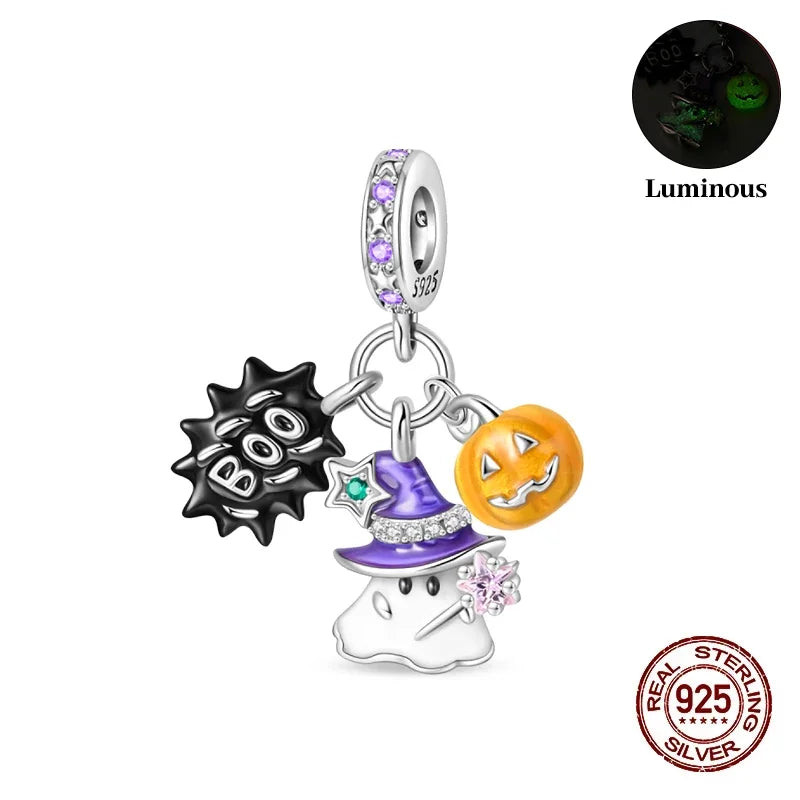 925 Sterling Silver Halloween Luminous Skull & Pumpkin Charms | Fits Original Pandora Bracelet | Party DIY Jewelry Gift