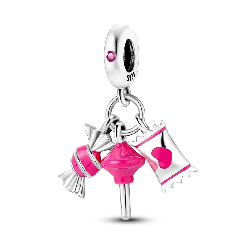 925 Sterling Silver Romantic Princess Charm Beads – Pink Dress, Lipstick & Dancing Shoes Fit 3MM Bracelet