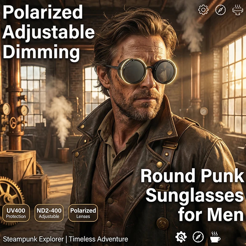 Polarized Adjustable Dimming Round Punk Sunglasses for Men – 2025 Luxury Brand Vintage Steampunk Sun Glasses | UV400 Shades