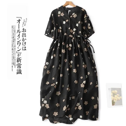 Elegant Hemp Floral Print Maxi Dress – Women's Summer Travel Gown, A-Line Midi Skirt, Chic Lightweight Long Dress