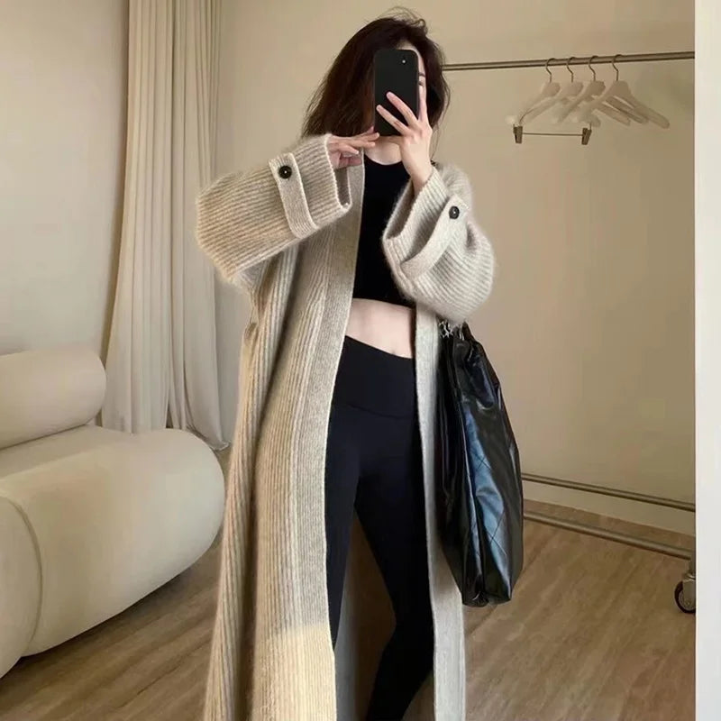 Women’s Retro Long Knitted Cardigan | Loose Solid Color Sweater Jacket for Autumn & Winter Fashion