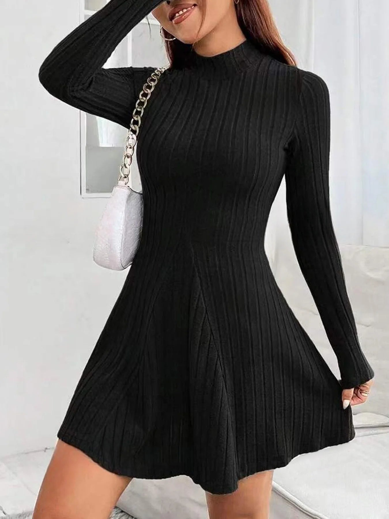 Women’s Slim Fit Half High Collar Dress – Waist Cinched A-Line Pit Stripe Long Sleeve Elegant Autumn Winter Dress