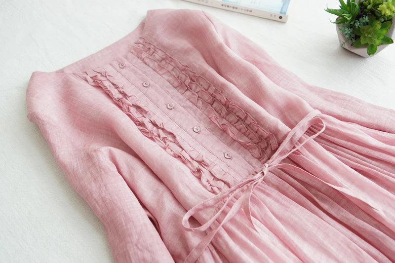 Japanese Style Women’s Long Sleeve Cotton Linen Dress | Wooden Ear Design Loose A-Line Skirt with Waist Belt