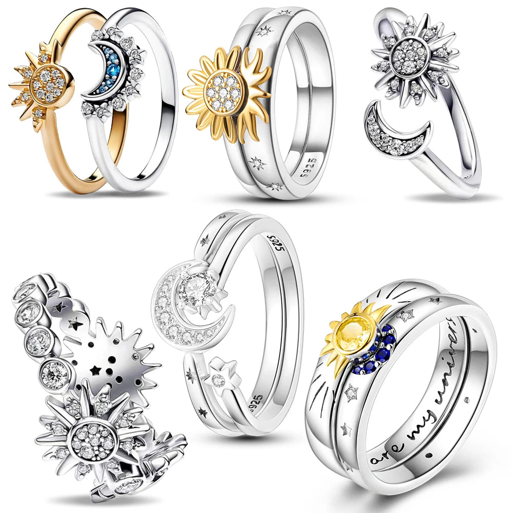 925 Sterling Silver Sun & Moon Couple Rings | Shining Zircon Romantic Jewelry Gift for Lovers