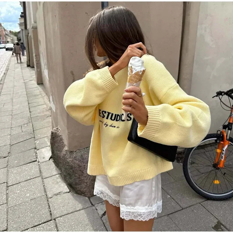 2025 Women’s Oversize Knitted Top | Full Sleeve Round Neck Pleated Loose Sweater | Autumn Daily Streetwear