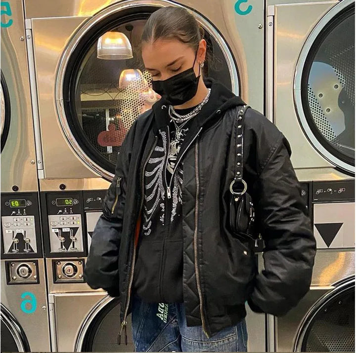 Y2K Rhinestone Skeleton Hoodie | Women’s Gothic Black Oversized Zip-Up Sweatshirt | Retro Harajuku Streetwear