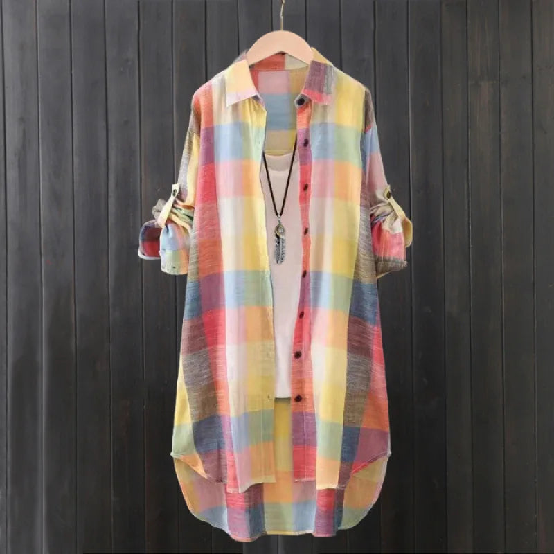 Women’s Plaid Shirt – Casual Long Sleeve Blouse Check Linen Cotton Tops for Women 🌿✨