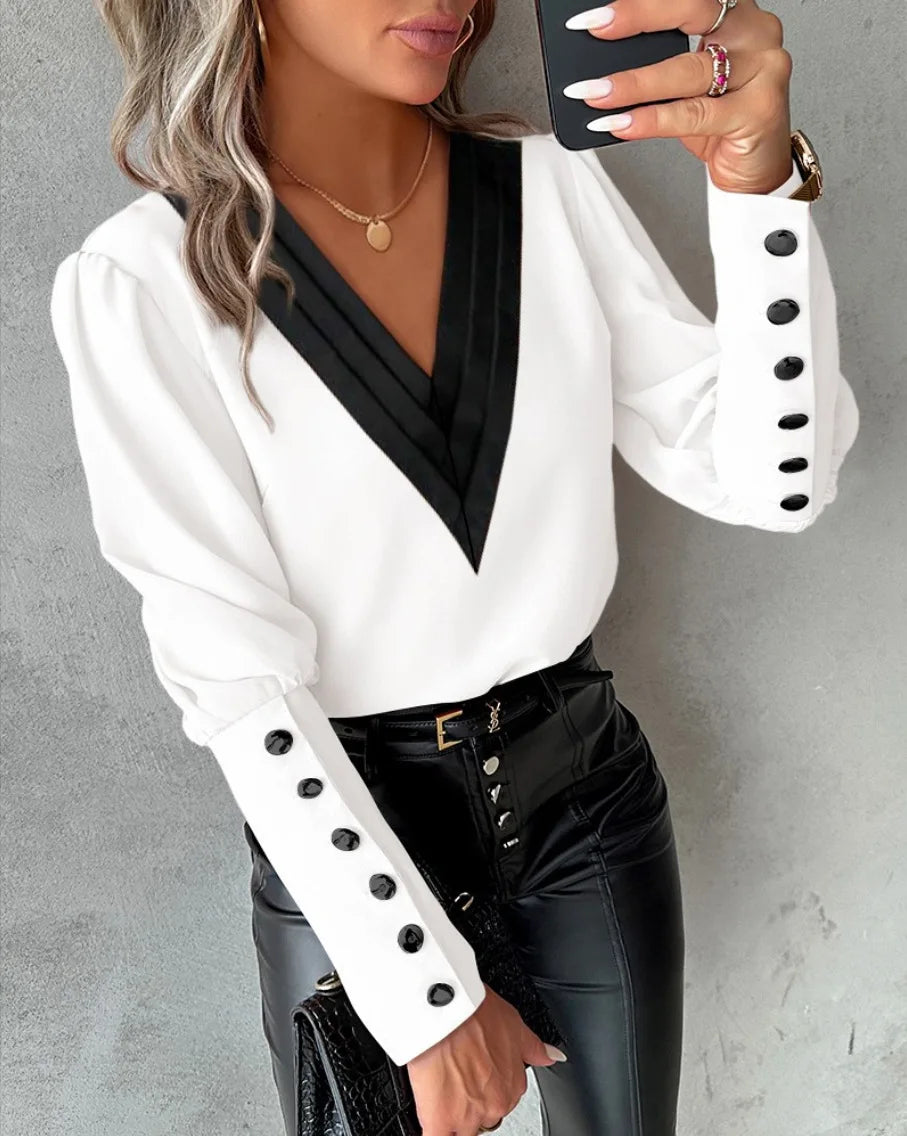 Office Ladies V-Neck Button Shirt – Spring Autumn 2024 Fashion Long Sleeve Blouse for Women