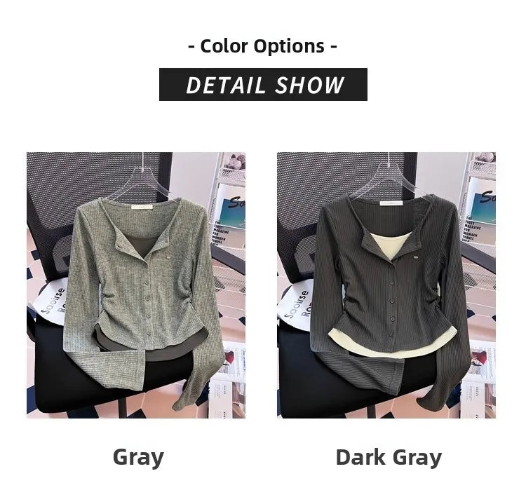 Korean Style Slim Fit Long Sleeve V-Neck Top 👚 Spicy Girl Fake Two-Piece Design ✨ Commute Fashion Women's T-Shirt 🌟
